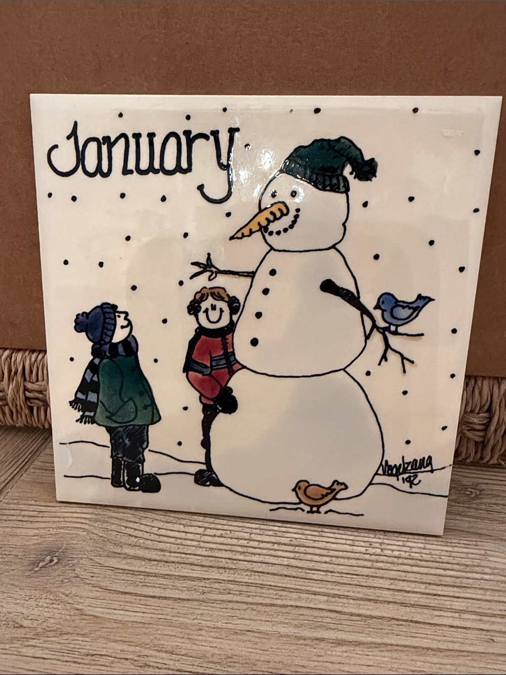 H & R Johnson Ceramic Calendar Tile 1992 January Snowman Kids